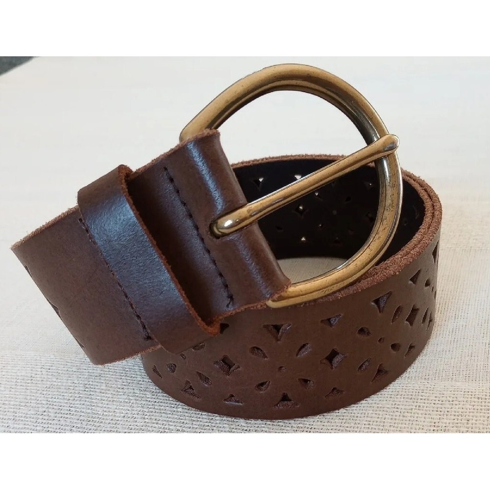 Candies Genuine Leather Wide Belt Brass Buckle M 32-36 Laser Cut Design Brown EC - Picture 5 of 9